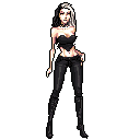 A confident, pixelated woman with striking monochrome hair and a subtle smile stands against a dark void, her stylish outfit hinting at a sophisticated edginess. Her alluring posture and detailed design evoke a sense of mystery and nostalgic charm.