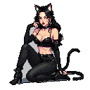 This pixel art features a confident cat-eared woman seated and gazing directly at the viewer. Rendered in a dark, moody palette with pops of skin tone, her alluring pose and feline features create a playful yet suggestive vibe.