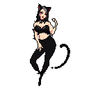 This pixel art image features a confident, feline-featured woman striking a playful pose. The high-contrast color palette highlights her dynamic stance and engaging expression.