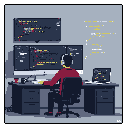 A lone coder, bathed in the glow of multiple monitors and floating code, is deeply immersed in their work. This pixel art captures the focused intensity and potential isolation of a dedicated programmer.