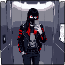 This pixel art features a mysterious, edgy figure in an elevator taking a selfie. The dark aesthetic is punctuated by striking red accents on their clothing and eyes, creating a cool and intense vibe.