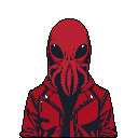 This pixel art image features a striking humanoid figure with a red octopus head, complete with tentacles and a dark red jacket, creating a mysterious and slightly unsettling character. The limited red and black palette enhances the figure's prominent presence.