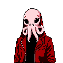 A pixel art portrait features a surreal octopus-headed humanoid in a red jacket, a bizarre blend of mundane fashion and cephalopod anatomy. The high-contrast color scheme and stark black background emphasize the unsettling nature of this unique character.