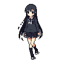 A pixel art image features a young schoolgirl with a calm expression, rendered in muted blues and greys. The sprite-like character stands poised, evoking a sense of quiet innocence.