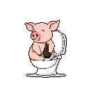 This pixel art image humorously depicts a contented pig, wearing a tie, sitting upright on a toilet with its eyes closed and a smile. The simple color scheme and stark black background emphasize the pig's unexpected moment of relaxation.