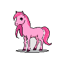 This pixel art features a charming pink pony, rendered in a simple, nostalgic style with a sweet smile. The pony stands relaxed, its pink tones creating a soft, monochromatic feel.