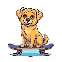 A cheerful pixel art golden retriever puppy sits contentedly on a light blue skateboard, its bright blue eyes and open mouth suggesting a happy smile. The simple design and playful vibe make this image undeniably cute.