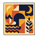 This pixel art piece presents an abstract, cubist-inspired landscape featuring stylized moons, water, and plant life in a harmonious blend of navy, ochre, and terracotta. The geometric shapes and muted colors create a peaceful, modern-retro vibe reminiscent of mid-century design.