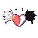 This pixel art depicts a winged heart, split into a warm pink side with white wings and a cool purple side with dark wings. The contrasting halves and stark colors evoke a sense of duality and balance.