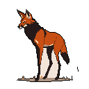 A pixelated maned wolf stands alert in profile, its reddish-brown coat contrasting with dark accents, capturing a moment of quiet intensity. The stylized creature, mouth slightly open, exudes a sense of wildness and focused observation.