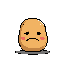 A solitary, pixelated potato stands dejectedly with closed eyes and blushing cheeks, its simple frown conveying a sense of melancholy. The sad spud is isolated against a stark black background, emphasizing its lonely state.