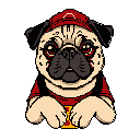 This charming pixel art features a pug dressed as a plumber, complete with a red cap and overalls. The adorable pup's bright-eyed expression and classic video game aesthetic create a playful and nostalgic vibe.