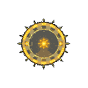 A mysterious, golden and gray mechanical object glows intensely against a stark black background. The pixel art evokes a sense of futuristic technology or a powerful energy source.