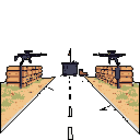 A pixelated road stretches into the darkness, flanked by mysterious walled structures topped with dark objects. A distant, undefined shape looms ahead, adding to the scene's ominous and retro vibe.