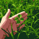 A pixelated hand gently cradles a bright green four-leaf clover, symbolizing luck and hope. The close-up image captures the delicate moment against a backdrop of lush, green foliage.
