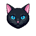 A captivating pixel art image focuses on a black cat's head, its intense blue eyes piercing through the darkness. Pink accents highlight the ears and nose, adding a touch of charm to the retro-style portrait.