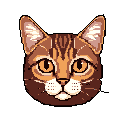 This pixel art features a cute, alert tabby cat head against a black background, rendered in warm browns, oranges, and whites. The detailed pixel work captures the classic charm of a feline face with striking orange-amber eyes.