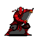 A fierce, red-armored demon ninja warrior is poised for battle, gripping a jagged blade in this striking pixel art. The figure's dynamic pose and bold color scheme convey intense action and danger.