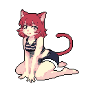 This pixel art features a cute, cat-eared girl seated with a bashful smile. Her soft color palette and relaxed pose create a charming and gentle image.