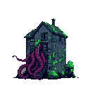 A decaying, blue-gray house is being invaded by a massive, purple tentacled creature emerging from within. The eerie pixel art scene creates a sense of mystery and unease.