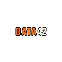 This pixel art image features the text "DATA42" in burnt orange and off-white, accented with a dark blue touch, creating a minimalist and retro design. The simple color palette and centered composition evoke early computer graphics.
