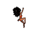 This pixel art depicts a woman in a dynamic dance pose, her vibrant orange and white outfit contrasting against a stark black background, with sparkling particles accentuating her lively movement.