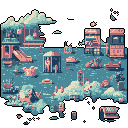 This pixel art image depicts a detailed, pastel-colored playground or miniature city scene, hinting at playful activity despite its current emptiness. The retro style and muted palette create a whimsical yet slightly melancholic atmosphere. Intricate details bring depth to the imagined space.