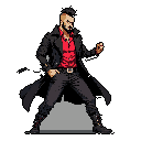This pixel art character exudes confidence with his stylish undercut, dark attire, and a pop of red from his shirt. He's caught in a dynamic pose, gesturing as if in conversation, suggesting a rebellious or gritty urban fantasy vibe.