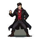 This pixel art features a confident, mustachioed man in a long coat and red shirt, striking a powerful pose. His determined expression and dynamic stance exude strength and a touch of roguish charm.