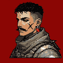This pixel art portrait depicts a stoic, battle-hardened man with a distinctive "X" scar and a silver earring with a red pendant. The gritty, earthy color palette and detailed armor suggest a seasoned warrior ready for action.