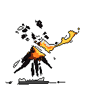 A cloaked figure unleashes fiery energy in this striking pixel art piece. The high-contrast design focuses on the figure's dynamic pose and the intense light emanating from their hands, creating a mysterious and powerful atmosphere.