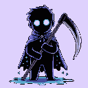 A dark, cloaked figure with glowing blue eyes stands poised with a scythe, emanating an aura of mystery and power. A pool of ethereal blue liquid gathers at its feet, hinting at otherworldly origins or abilities.