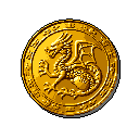 A detailed pixel art coin depicts a golden dragon, coiled and ready to strike, surrounded by ancient symbols. The warm, metallic rendering gives it an aura of wealth and history.