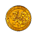 This pixel art image showcases a gold coin featuring a stylized dragon in profile. The detailed dragon design, coupled with the warm color palette, evokes a sense of wealth and fantasy.