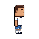 This pixel art character, reminiscent of retro video games, stands in a simple yet distinct uniform of a white t-shirt and blue shorts. The figure's neutral expression and stark color palette evoke a sense of nostalgic simplicity.