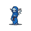 This pixel art features a mysterious, blue-skinned figure in a hooded robe with a mischievous smile and wing-like detail. Floating against a stark background, this character exudes an air of cunning and intrigue.