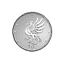 This pixel art image showcases a silver coin featuring a stylized bird (possibly a phoenix) and the number "10," reminiscent of classic video game currency. The monochromatic design and textured border give the coin a retro and valuable feel.