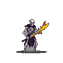 This pixel art showcases a skeletal warrior wielding a flaming weapon, its bone-white form and tattered cloak standing out against a stark black void. The vibrant fire contrasts with the macabre figure, hinting at undeath and ominous power.