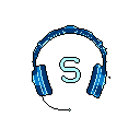 This minimalist pixel art depicts a pair of glowing blue headphones against a black backdrop, featuring a bright cyan "S" nestled within the headband. The design evokes a modern, technological vibe with its stark contrast and illuminated elements.