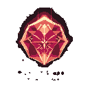 A glowing, faceted gemstone or mystical artifact dominates the dark canvas, its intricate internal structure radiating warm shades of red and orange from a central, star-like core. The object's luminosity and geometric design create a mysterious and powerful vibe.