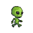 This pixel art showcases a charming, cartoonish alien with a big head and spindly limbs, caught mid-stride in a whimsical, retro style. The green-skinned creature evokes a nostalgic vibe reminiscent of classic video games.
