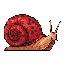 This pixel art image showcases a charming snail with a vibrant red shell, its form meticulously rendered in earthy browns against a void background. The snail's raised head and extended tentacles suggest a moment of quiet observation, imbued with a touch of retro whimsy.
