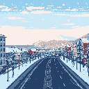A quiet, snow-covered town is captured in this nostalgic pixel art piece, featuring a long road leading into a mountainous horizon. The cool color palette enhances the serene and solitary atmosphere of a winter day.