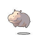 This charming pixel art features a cute, smiling hippo in soft pastel colors. The relaxed hippo stands against a stark background, its playful demeanor captured in simple, stylized form.