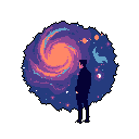 A solitary human silhouette gazes in awe at a swirling, vibrant galaxy rendered in striking pixel art. The image captures a moment of profound wonder and contemplation before the immensity of the cosmos.