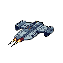 A retro-style, isometric spaceship soars through the void, its gray and blue hull contrasted by fiery orange engines. This pixel art craft evokes classic science fiction and the golden age of space games.
