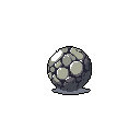 A pixelated, mosaic-like sphere of grey and dark purple rests in the void, subtly illuminated and hinting at a mysterious, stony texture. The minimalist composition and dark palette create a somber, retro vibe.