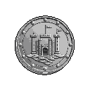 This pixel art shows a silver coin featuring a stylized castle with towers and a gatehouse. The monochromatic design and rivet details evoke a sense of antiquity and wealth.