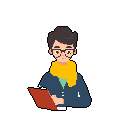 This pixel art portrait features a young man with glasses and a vibrant yellow scarf, holding a clipboard. The stylish and studious figure is rendered in a clean, modern aesthetic against a stark black background.