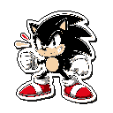 This pixel art features a black, Shadow-esque Sonic variant coiled and ready to strike, complete with a determined expression and a vibrant red accent on the shoes. The high-contrast design and dynamic pose capture an energetic and potentially aggressive mood.